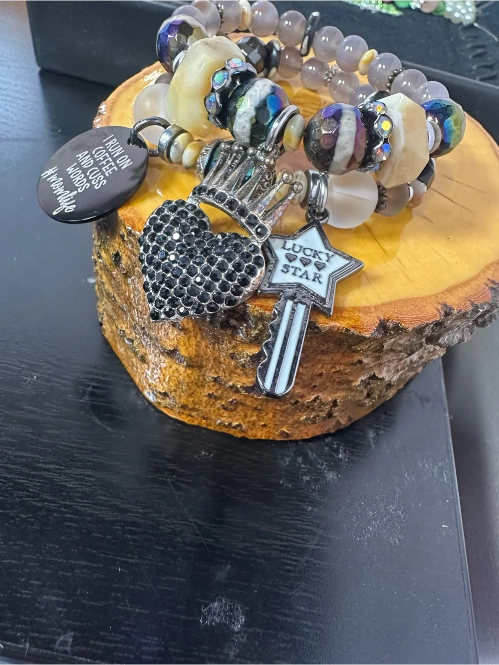 Beaded Charm Bracelet Set with Black Crystal Heart and Key Charms - Gray Purple